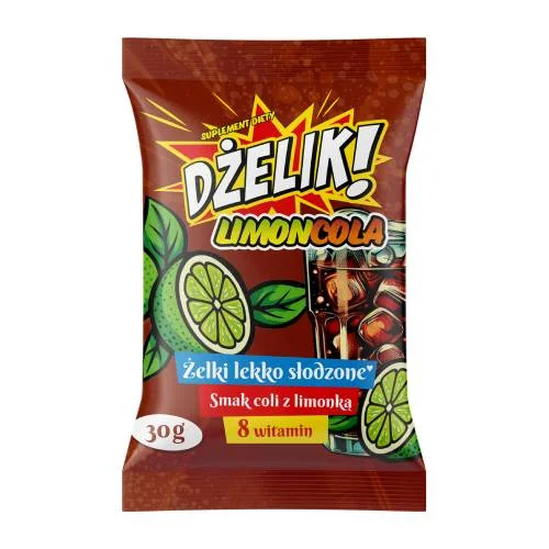 Zdjęcie produktu - Dżelik! Limoncola Żelki lekko słodzone o smaku coli z limonką, 30 g