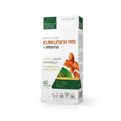 Miniaturka artykułu - Medica Herbs Kurkumina 98% + Piperyna, 60 kaps.
