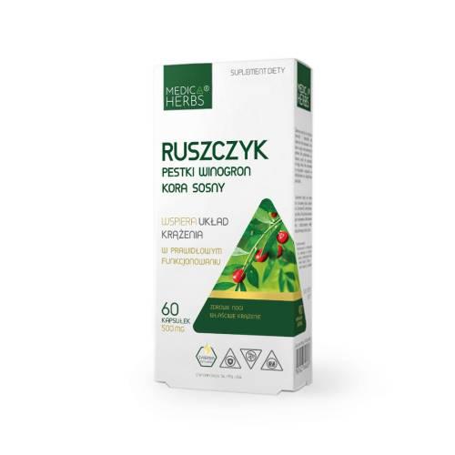 Miniaturka artykułu - Medica Herbs Ruszczyk Pestki Winogron Kora Sosny, 60 kaps.