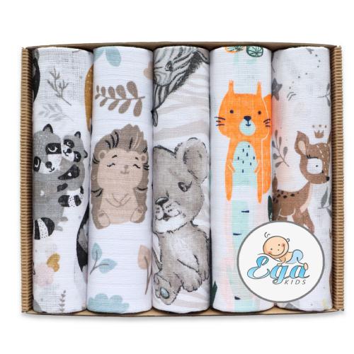 Zdjęcie produktu - EGA KIDS Zestaw pieluszek tetrowych 70x80 Zwierzęta, 5szt.