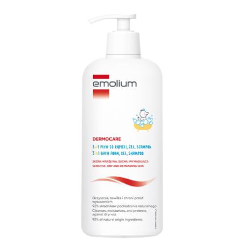 Zdjęcie produktu - Emolium Dermocare Płyn żel szampon do kąpieli i mycia 3 w 1, 400 ml