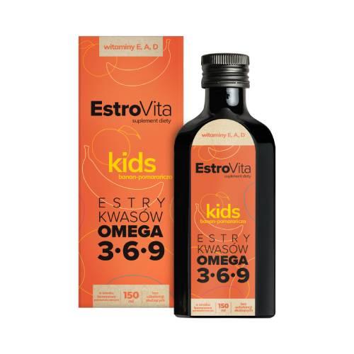 Zdjęcie produktu - EstroVita Kids o smaku pomarańczowo - bananowym, 150 ml (nowy skład) KR&Oacute;TKA DATA 31.08.2026