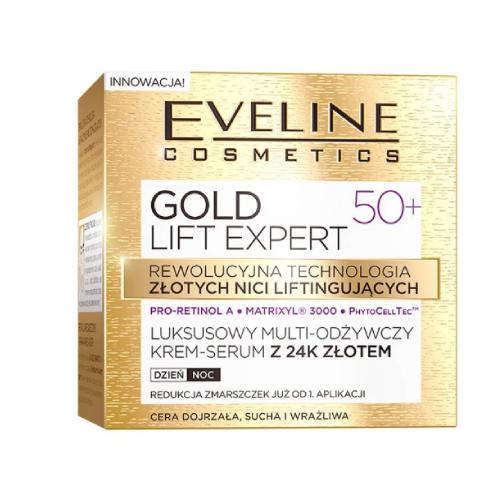 Zdjęcie produktu - EVELINE Gold Lift Expert 50+ Krem-serum multi-odżywcze z 24K złotem, 50ml