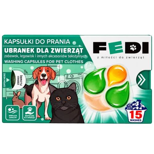 Zdjęcie produktu - Fedi Kapsułki do prania ubranek dla zwierząt, zabawek, legowisk dla zwierząt, 15 szt.