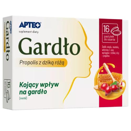 Zdjęcie produktu - Gardło propolis z dziką r&oacute;żą APTEO, 16 pastylek do ssania