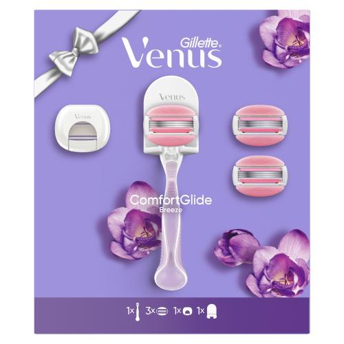 Zdjęcie produktu - Gillette Venus ComfortGlide Breeze Zestaw Maszynka do golenia dla kobiet + Wymienne ostrza, 3 szt. + Uchwyt na maszynkę + Pokrowiec podr&oacute;żny na ostrza