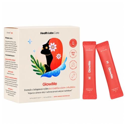 Zdjęcie produktu - Health Labs GlowMe Kolagen z kwasem hialuronowym smak mango-marakuja, 30 sasz.
