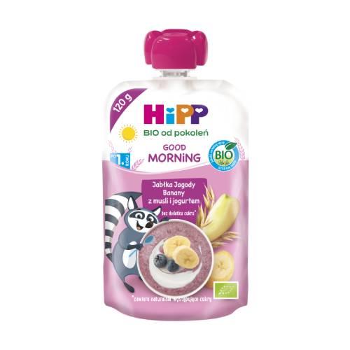 Zdjęcie produktu - HiPP BIO Good Morning Mus owocowy jabłka jagody banany z musli i jogurtem po 1. roku, 120 g