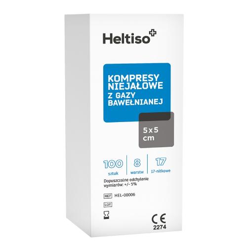Zdjęcie produktu - Heltiso Kompresy niejałowe z gazy bawełnianej 5x5cm 8warstwowe 17nitkowe, 100 szt.