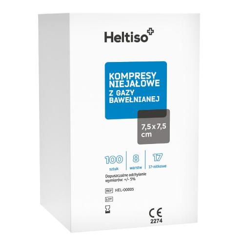 Zdjęcie produktu - Heltiso Kompresy niejałowe z gazy bawełnianej 7,5x7,5cm 8warstwowe 17nitkowe, 100 szt.