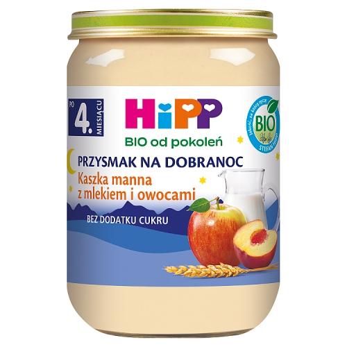Zdjęcie produktu - HiPP Bio Przysmak na dobranoc Kaszka manna z mlekiem i owocami po 4. miesiącu, 190 g