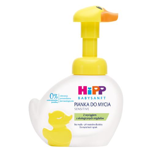 Zdjęcie produktu - HiPP Babysanft Sensitive Pianka do mycia twarzy i rąk dzieci, ż&oacute;łta kaczuszka, 250 ml