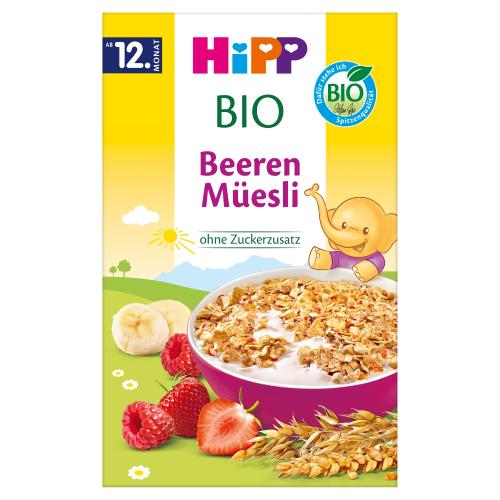 Zdjęcie produktu - HiPP BIO Musli wielozbożowe truskawki, maliny od 12. miesiąca, 200 g