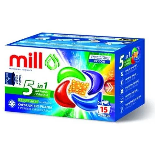 Miniaturka artykułu - Mill Kapsułki do prania + perełki zmiękczające Color, 15 szt.