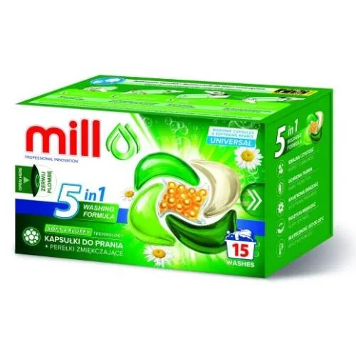 Miniaturka artykułu - Mill Kapsułki do prania + perełki zmiękczające Universal, 15 szt.