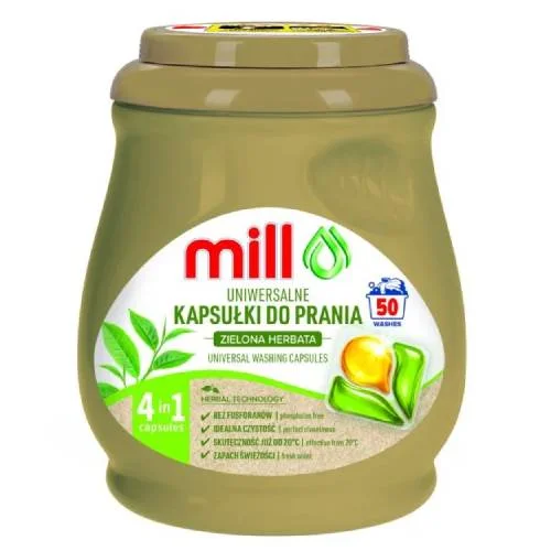 Miniaturka artykułu - Mill Uniwersalne kapsułki do prania Zielona herbata, 50 szt.