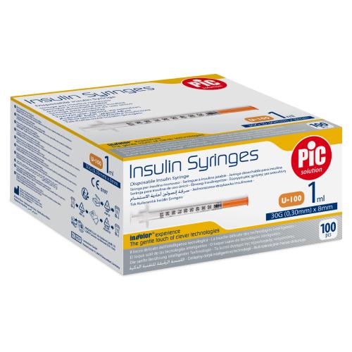 Zdjęcie produktu - PIC Insulin Syringes Jednorazowa strzykawka insulinowa 1 ml G30 0,30 mm x 8 mm, 100 szt.