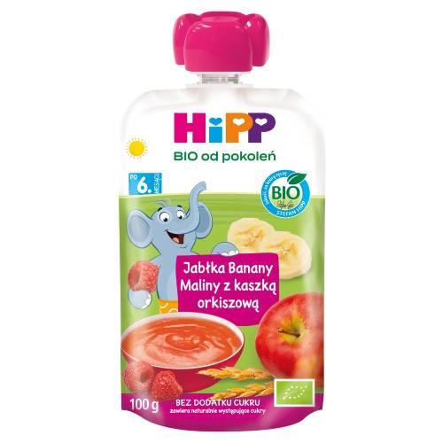 Zdjęcie produktu - HiPP BIO Mus owocowy ze zbożami jabłka banany maliny z kaszką orkiszową po 6. miesiącu, 100 g