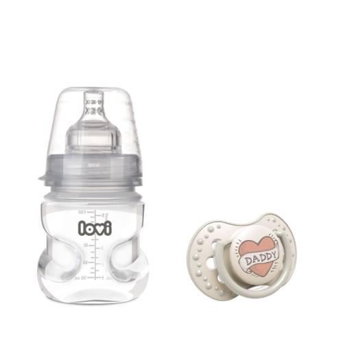 Zdjęcie produktu - LOVI Butelka antykolkowa dla niemowląt, 150ml + smoczek uspokajający 0m+ Daddy