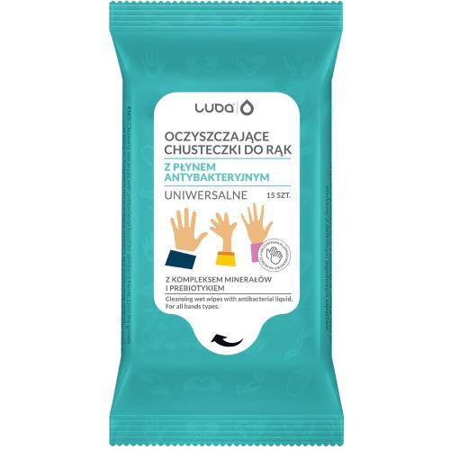 Zdjęcie produktu - LUBA Oczyszczające chusteczki do rąk z płynem antybakteryjnym uniwersalne, 15szt.