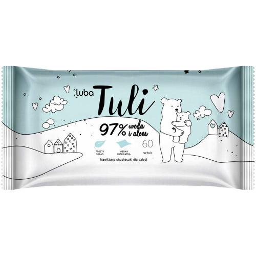 Zdjęcie produktu - LUBA Tuli Nawilżane chusteczki dla dzieci i niemowląt 97% woda i aloes, 60szt.