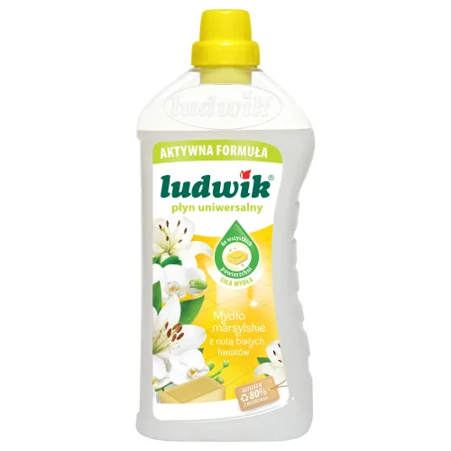 Zdjęcie produktu - Ludwik Aktywna Formuła Płyn uniwersalny Mydło marsylskie z nutą białych kwiat&oacute;w, 1 l