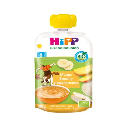 Zdjęcie produktu - HiPP BIO Mus owocowy mango banany z kaszką manną po 6. miesiącu, 100 g KR&Oacute;TKA DATA 26.09.2026