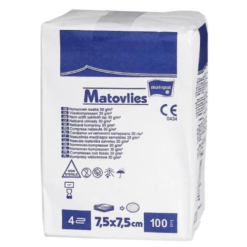 Zdjęcie produktu - MATOVLIES Kompresy z wł&oacute;kniny 30g 4-warstwowe 7,5x7,5cm, 100 sztuk