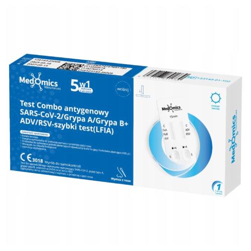 Zdjęcie produktu - MedOmics Test Combo antygenowy 5w1 SARS CoV-2, Grypa A/B, RSV, Adenowirus, 1 szt.