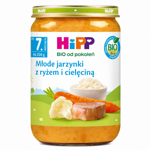 Zdjęcie produktu - HiPP Młode jarzynki z ryżem i cielęciną BIO, 220 g 