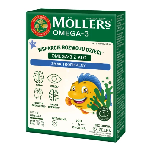 Zdjęcie produktu - Moller's Omega-3 z alg Żelki dla dzieci o smaku tropikalnym, 27 szt.