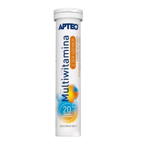 Zdjęcie produktu - Multiwitamina z żeń-szeniem o smaku cytrynowym APTEO, 20 tabletek musujących KR&Oacute;TKA DATA 31.07.2026