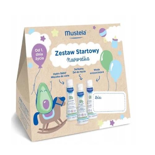 Zdjęcie produktu - MUSTELA Zestaw Startowy dla noworodka (Delikatny żel do mycia, 100ml + Woda oczyszczająca bez spłukiwania, 100ml + Mleczko do ciała, 100ml) KR&Oacute;TKA DATA 30.09.2026