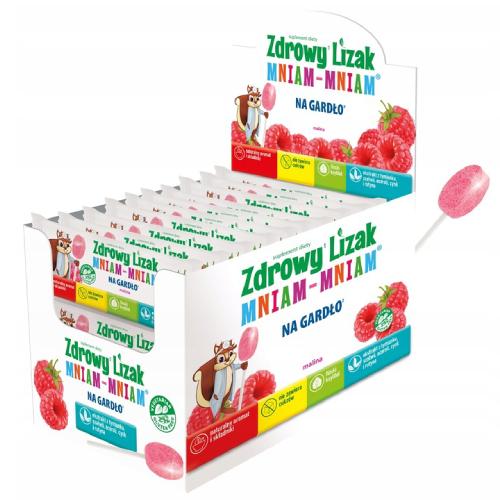 Miniaturka artykułu - Zdrowy Lizak Mniam-Mniam na gardło malina kształt łezki, 40 szt.