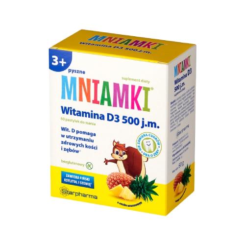 Miniaturka artykułu - Mniamki Witamina D3 500 j.m. pastylki do ssania o smaku ananasowym, 60 pastyl. - suplement diety z witaminą D
