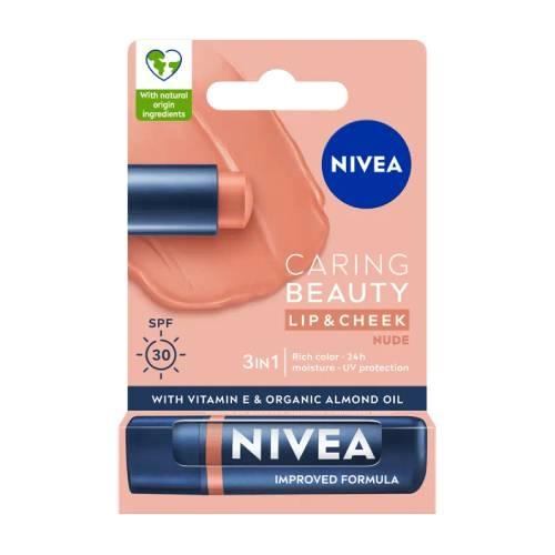 Zdjęcie produktu - NIVEA Caring Beauty 3w1 Nude Pomadka pielęgnująca do ust SPF30, 4,8g