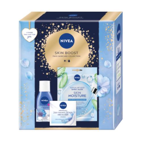 Zdjęcie produktu - NIVEA Skin Boost Zestaw Odświeżający krem na dzień, 50ml + Dwufazowy płyn do demakijażu oczu, 125ml + Nawilżająca maska w płachcie, 1szt.