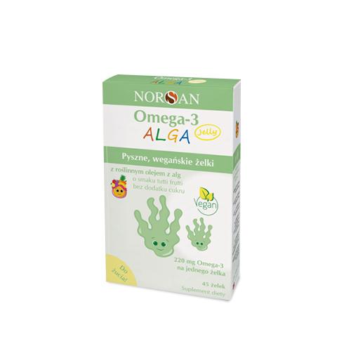 Zdjęcie produktu - Norsan Omega-3 Alga Jelly żelki z roślinnym olejem z alg o smaku tutti frutti, 45 szt.
