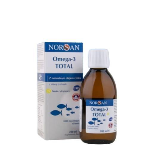 Zdjęcie produktu - Norsan Omega-3 Total z naturalnym olejem rybim z oliwą z oliwek smak cytrynowy płyn, 200 ml