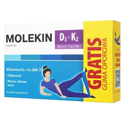 Miniaturka artykułu - Molekin D3 + K2, 30 tabletek + guma oporowa