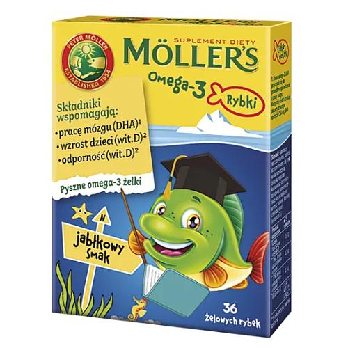 Miniaturka artykułu - Mollers Omega-3 Żelki Rybki o smaku jabłkowym, 36 szt.