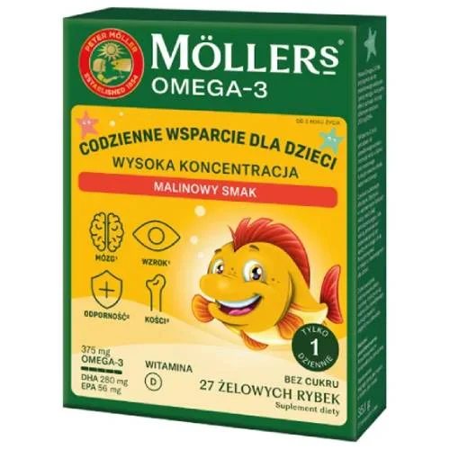 Miniaturka artykułu - Moller's Omega-3 Wysoka Koncentracja Żelki o smaku malinowym, 27 szt.
