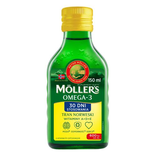 Miniaturka artykułu - Mollers Omega-3 Tran Norweski witamina A, D, E aromat cytrynowy, 150 ml