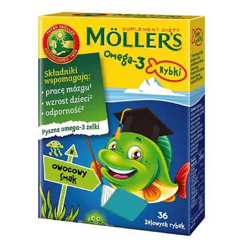 Miniaturka artykułu - Mollers Omega-3 Żelki Rybki o smaku owocowym, 36 szt.