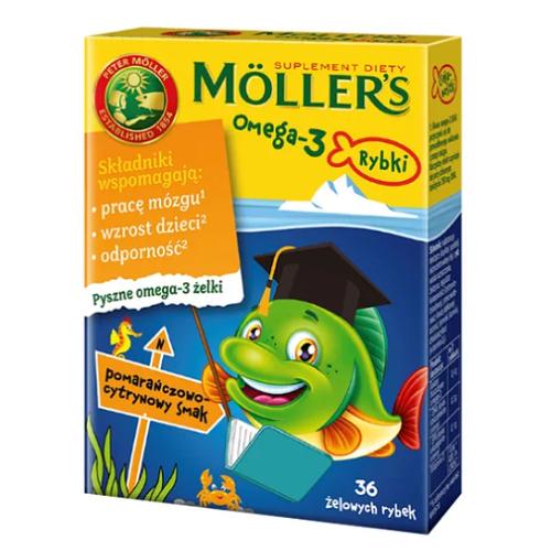 Miniaturka artykułu - Mollers Omega-3 Żelki Rybki o smaku pomarańczowo-cytrynowym, 36 szt.