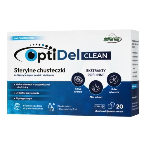 Zdjęcie produktu - OptiDel Clean Sterylne chusteczki do higieny brzeg&oacute;w powiek i okolic oczu, 20 szt. USZKODZONE BRAK TEKTUROWEGO OPAKOWANIA