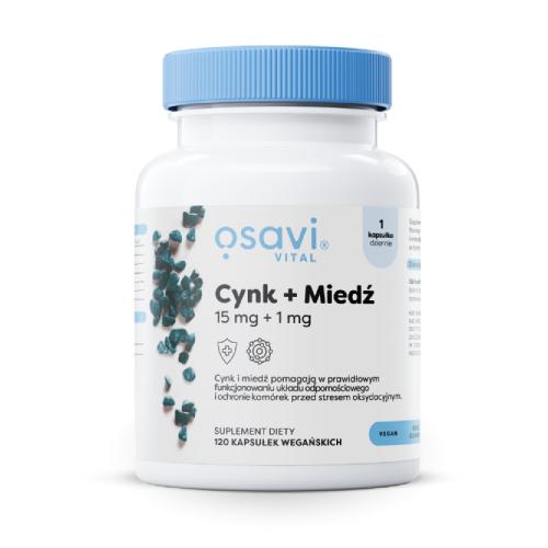 Zdjęcie produktu - OSAVI Cynk 15 mg + Miedź 1 mg, 120 kaps.
