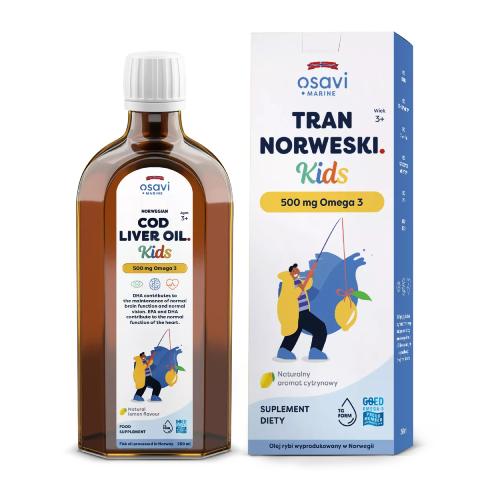 Zdjęcie produktu - OSAVI Marine Tran norweski Kids 500mg Omega 3 cytrynowy, 250 ml