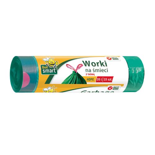 Zdjęcie produktu - PACLAN Bee Smart Worki na śmieci z taśmą ściągającą zielone 35l, 15szt.