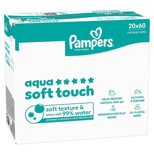 Zdjęcie produktu - Pampers Aqua Soft Touch Chusteczki nawilżane dla dzieci, 20 x 60 szt.
